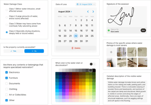 Water damage site assessment form checklist inspection fields for water damage class, content, date of loss, photos and signature.