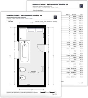 Bath remodeling plumbing Estimate pdf template with floor plan sketch of the bathroom with fixtures and cost breakdown