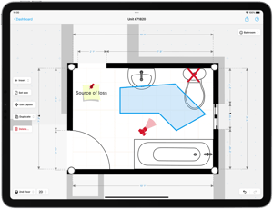 Bathroom floor plan with water damage with annotation of the source of loss, pictures and sticky notes icons on an ipad tablet using the magicplan app