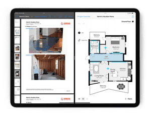 water loss claim report done by claims adjuster on iPad with property sketch, photos of the loss and notes with split screen of the claim loss report