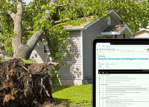 Disaster Restoration and mitigation checklist preview with background of tree on house roof after CAT event