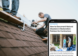 Contractors repairing ans inspecting roof of a property after CAT event with preview on articles on How to Document Natural Disasters in Restoration: Pointer for Contractors on phone