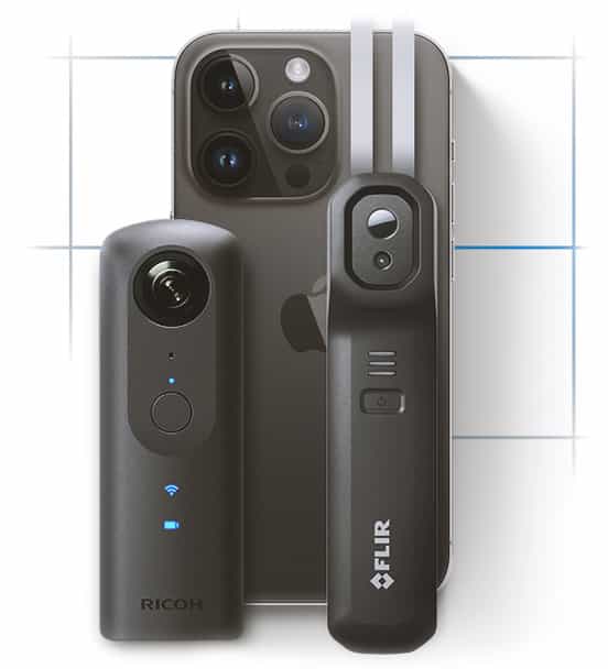 iPhone Pro with Flir thermal imaging camera and Richo 360 camera