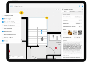 Stair structural damage claim assessment documentation with sketch, photos, findings on iPad.