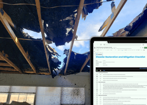 roof after fire loss and iPad showing Disaster Restoration and Mitigation Checklist