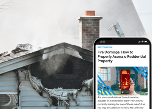 House burnt due fired damage on house and Blog shown on iPhone about Fire damage: How to properly assess a Residential property