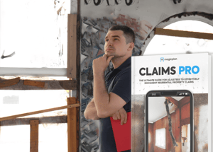 A claims adjuster inspecting a house for potential claims with the preview of the claims pro ebook guide