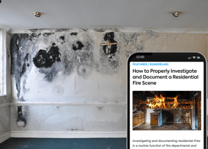 Empty house with burnt markings on the walls and phone with blog article preview on how to properly investigate and document a residential fire scene