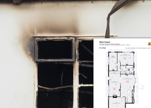 Window of a house with burnt markings with preview of a fire loss claims report pdf