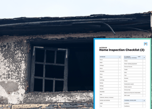 Fire-damaged house with burnt walls and window with the preview of a PDF of Home inspection checklist