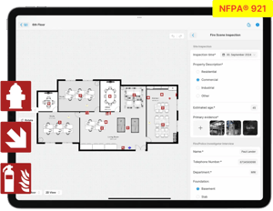 Fire scene investigation assessment inspection based on NFPA 921 with floor plan sketch with form, annotation and objects on ipad