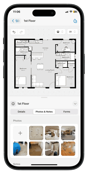 Sketch water mitigation job with photos of drying equipment on iPhone