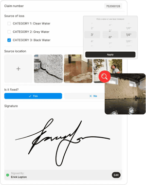 Claim Inspection assessment form checklist with photos, claim information, and signature.