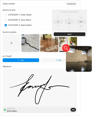 Claim Inspection assessment form checklist with photos, claim information, and signature.