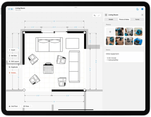 Drying equipment placement documentation for water mitigation on the sketch with photos based on IICRC S500 on iPad Pro.