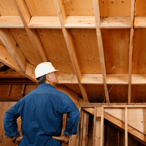 Contractow with blue shirt and white helmet looking at the ceiling construction