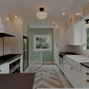 modern kitchen with white cabinets and green walls