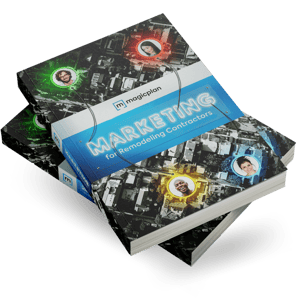 Two Marketing ebooks for remodeling contractors with black and white neighborhood connected to people and ebook title.