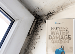 Black mold on ceiling and window corner with ebook preview on mastering water damage assessments