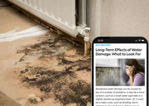 black mold on floor below heater with blog article preview on phone on long term effects on water damage: what to look for