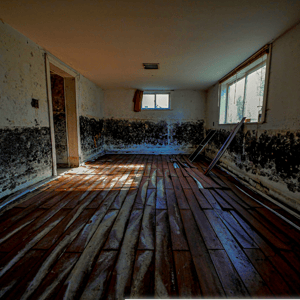 Room with mold on the walls and damaged harwood flooring