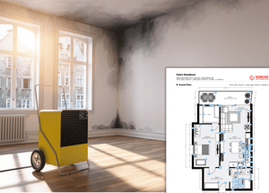 Room with mold on walls and ceiling with yellow dehumidifier in the center of the room with preview of a report template on mold remedation inspection caused by water damage