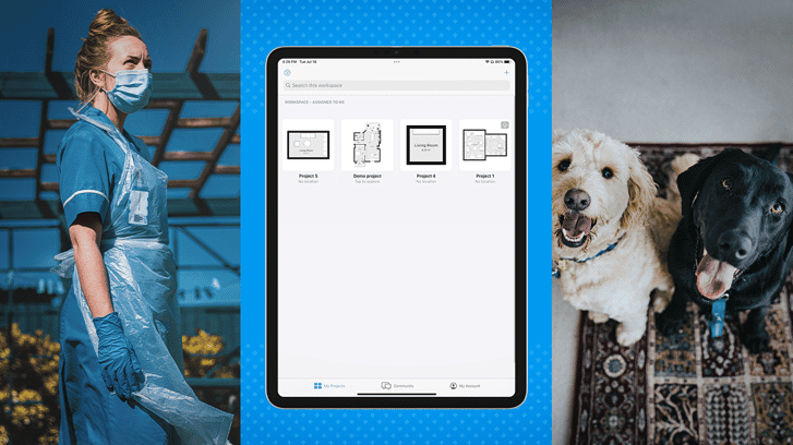 magicplan app projects page against a woman wearing a mask and two smiling dogs.