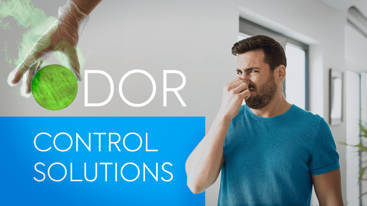 Text: Odor Control Solutions (a man covering his nostrils from an unpleasant odor)