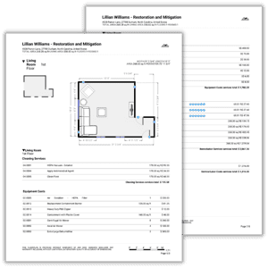 Water Damage Mitigation Job Template Preview with Cost breakdown for cleaning services, drying equipment, restoration and mitigation.