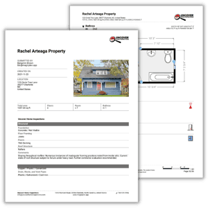 Home Inspection Report Template Preview with findings and pictures of the inspected home  and property details.