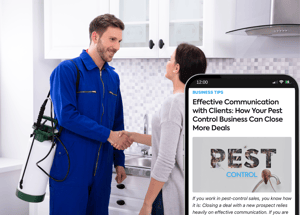 Pest control technitian after Finishing job and removing all the bugs from kitchen with white cabinets shaking the hands of the customer with phone with preview of article on effective communication with clients: how your pest control business can close more deals 