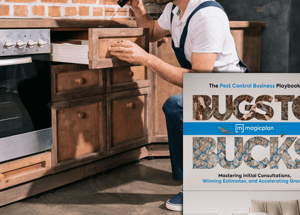 Pest Control Business technitian inspecting for bugs on kitchen with wood cabinets with preview of the Bugs to bucks playbook for pest control businesses 