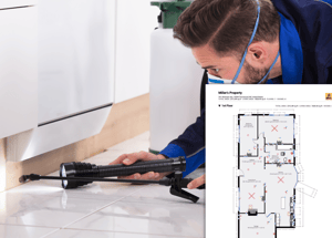 pest control business technician inspecting for bugs under kitchen cabinets and appliances with a home inspection report preview 