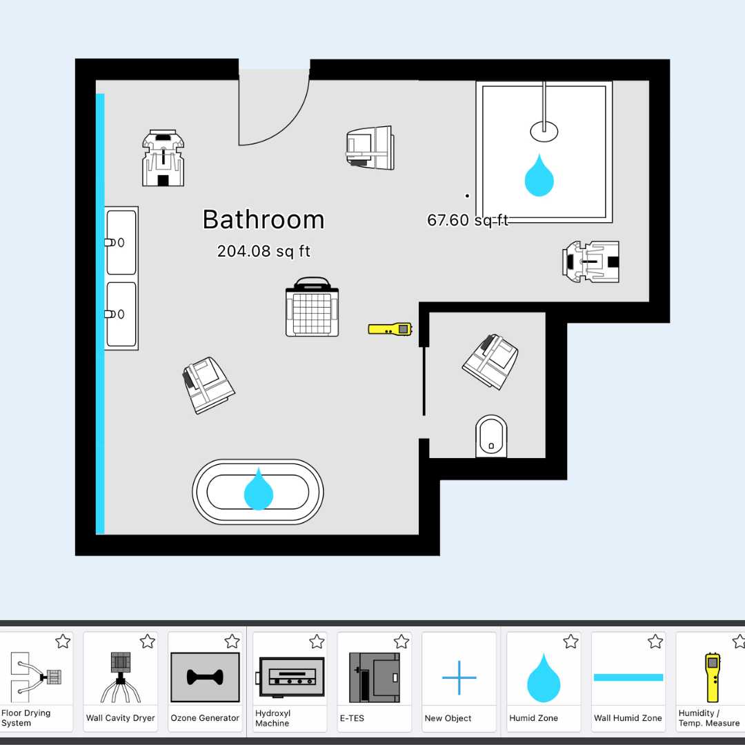 Placing restoration objects such as air movers, dehumidifiers, air scrubbers and more on floor plan to document equipment used and placement for a water damage job