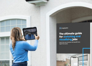 Real Estate agent (realtor lady)  taking photos of the exterior of a house with and ipad and the cover of The ultimate guide for sketching and visualizing jobs