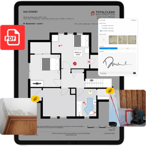 Documentation report pdf water damage in ipad with photos assessment findings and signature with sketch.