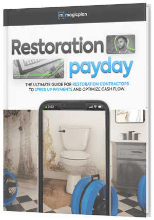 Restoration payday guide for restorers to get paid with phone taking photo of a bathroom with water damage and mold on the wall and drying equipment