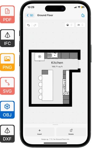 Floor plan sketch export formats icons with kitchen floor plan on iPhone (PDF, IFC, PNG, SVG, OBJ, DXF).