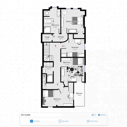3D floor plan render of a house with three bedrooms