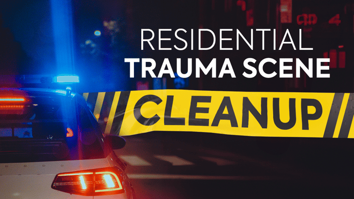 Text: Residential Trauma Scene Cleanup (police car during the middle of a night)