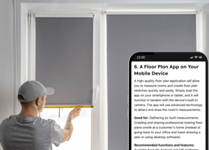 Contractor adjusting a grey curtain and phone with article preview on Tips for measuring Window and Door Installation projects