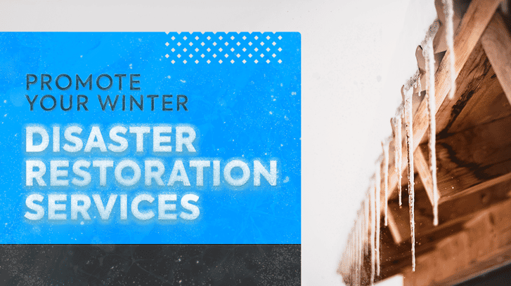 Promoting winter disaster restoration and mitigations services text with a frozen roof