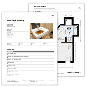 bathroom water damage report pdf preview with pest infection, sink with bad water and sketch