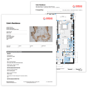 water damage pdf drying report template preview with information of the loss, photos, sketch with moisture map, moisture readings and equipment.