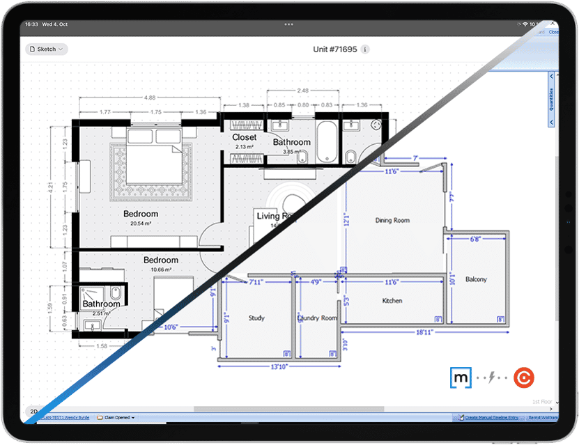 sending a magicplan sketch to CoreLogic Symbility Claim on an iPad with magicplan and Corelogic logos