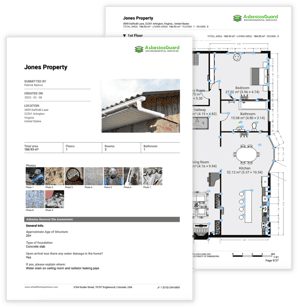 Asbestos Removal Pdf Report with photos of the house gutters and asbestos found, a floor plan of the first floor and assessment findings