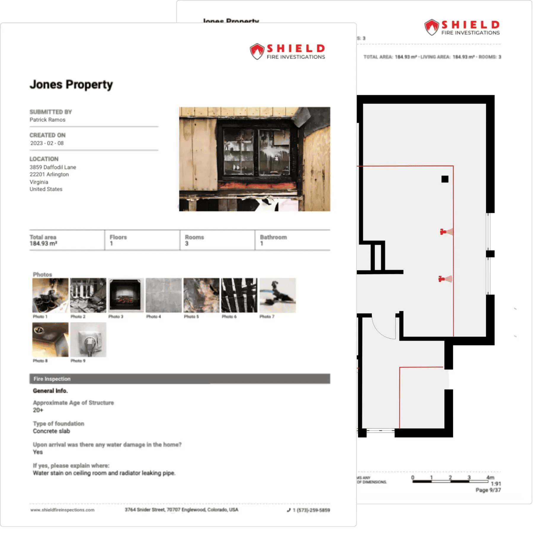 Fire scene investigation report pdf preview with inspection assessment form, photos and floor plan sketch.