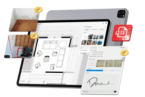 iPad with form of withe assessment with sketch, photos and drying equipment documentation for water mitigation job