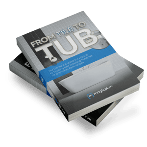Two FROM TILE TO TUB ebooks with modern bathroom bathtub and white and black tiles
