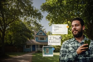 Contractor holding iphone in front of a blue american house using magicplan to document the damage in the property
